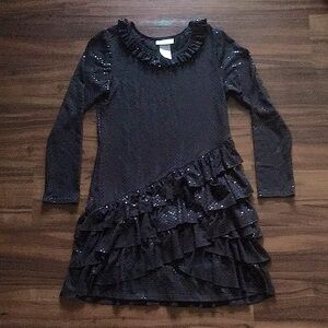 Bonnie Jean Sz 14 Girls Black Sparkle Ruffle Party Dress Sequins Long Sleeve